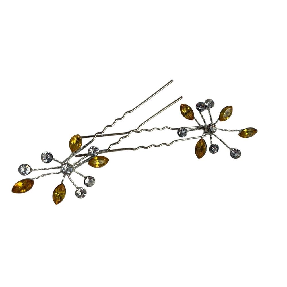 Sunburst Crystal Rhinestone Hair Pins Set of 2 Bride Prom Vine Sparkle Occasion